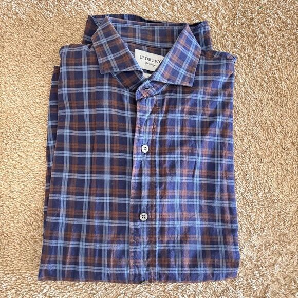 Ledbury Slim Fit Dark Blue and Brown CheckPrint Button Up Dress Shirt Size Large - Picture 1 of 5